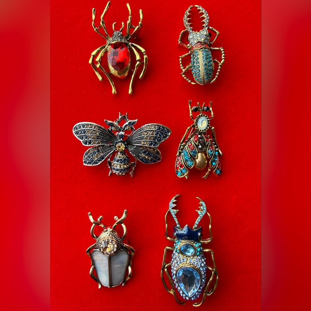 Anthropologie Insect Brooch Set - Red, Blue, Gold